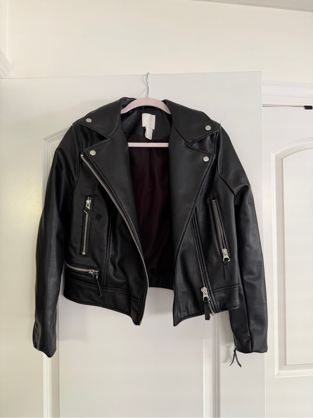 H&M Black Faux Leather Moto Jacket with Silver Hardware